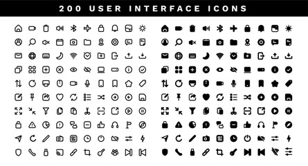 200 User Interface icon with line and solid style. UI video and music player. Vector Illustration