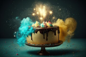 Fairy magic birthday cake on a stand decorated with a sweets, sparklers in the lights on a dark backgrounds. Generative AI	