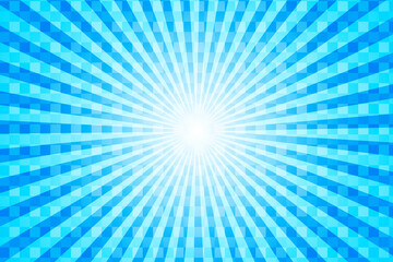 Blue background with square dots and light blue rays.