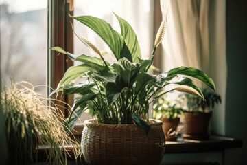 Spathiphyllum in straw pot on windowsill. Windowsill plants. home gardening. Home window flowerpot with spathiphyllum. Scandinavian. text area. Generative AI