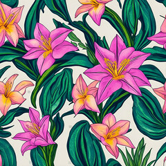 seamless pattern with flowers - lilies flowers background - Generative AI