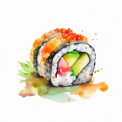 Two sushi rolls in watercolor style on white background. Traditional japanese cuisine. Generative AI.