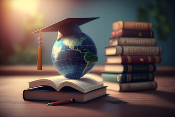 Graduation cap with Earth globe. Concept of global business study, abroad educational, Back to School. Education in Global world, Study abroad business in universities in worldwide.
