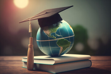 Graduation cap with Earth globe. Concept of global business study, abroad educational, Back to School. Education in Global world, Study abroad business in universities in worldwide.
