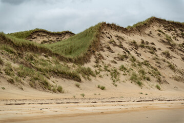 Grass-covered sand dunes at  Ballinreavy Strand, Kiltoorish, County Donegal, Ireland