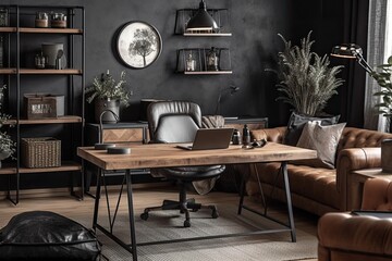 Modern freelancing home office decor. Brown detail wall, grey couch, wood table, black chair laptop decor. Generative AI