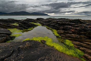 Rocks and tidal pool with green algae at Tramore beach, Kiltoorish, County Donegal, Ireland