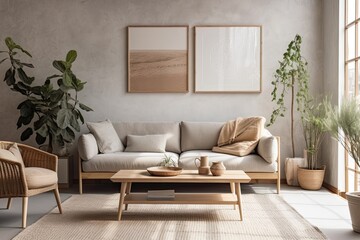 Fototapeta premium Plant on wooden table by grey couch in natural living room with poster. Real picture. Generative AI