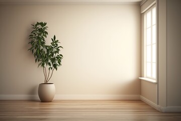 Fototapeta na wymiar Interior background of an empty room in a minimalist style, beige wall, plant, wooden floor. Place for text. AI generated