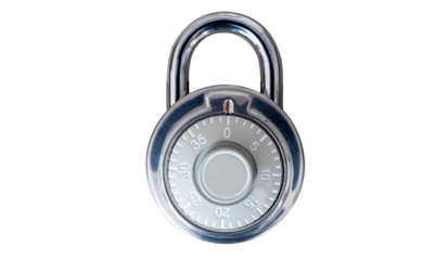 closed chrome steel number combination padlock, isolated transparent background, png