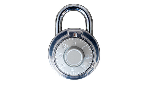 closed chrome steel number combination padlock, isolated transparent background, png
