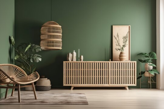 Green interior mockup with vacant wall, curved slat sideboard, and stylish living room plants. illustration,. Generative AI
