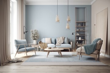 simple living room design in beige and blue on white backdrop, contemporary home accessories,. Generative AI