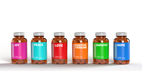 Colorful medicine bottles with positive feelings in a row on white background, copy space, clipping path. Emotion based FAKE generated drug name concept. Healthcare 3D render illustration design.