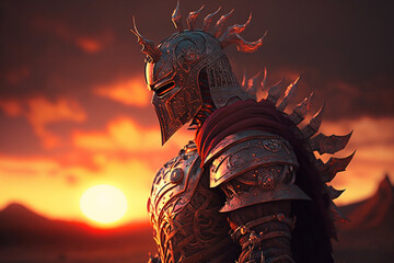 Fantasy Concept Art | A medieval knight warrior stands in full armor, holding a sword and helmet, against a beautiful sunset. Ai