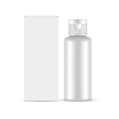 Blank Plastic Cosmetic Bottle With Flip-Top Cap, Packing Box Mockup, Isolated on White Background. Vector Illustration