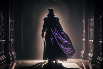 Fantasy Concept Art | mysterious figure emerges from shadows, shrouded in a cloak of deep, rich purple. step forward into light. intricate details on cloak and a sense of grandeur and drama. Ai