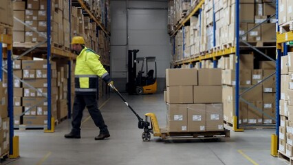 Male warehouse worker dragging a pallet truck. - Powered by Adobe