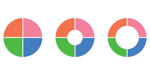 Set of four parts of circle. Pie chart with four same size sectors. Vector illustration isolated on white background.