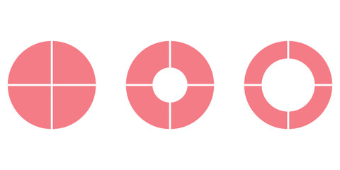 Set of four parts of circle. Pie chart with four same size sectors. Vector illustration isolated on white background.