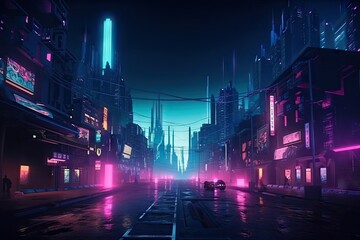 road of cyberpunk futuristic style neon city , ai generated