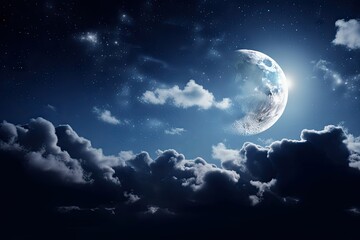 Fototapeta na wymiar background of romantic crescent moon in starry blue night over cloud , ai generated