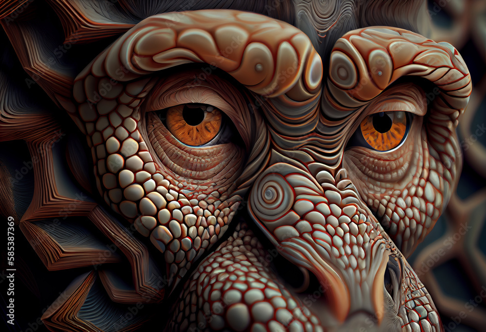 Poster A complex, multi-layered pattern of interlocking shapes that resembles a Monkey face.  Generative AI technology.
