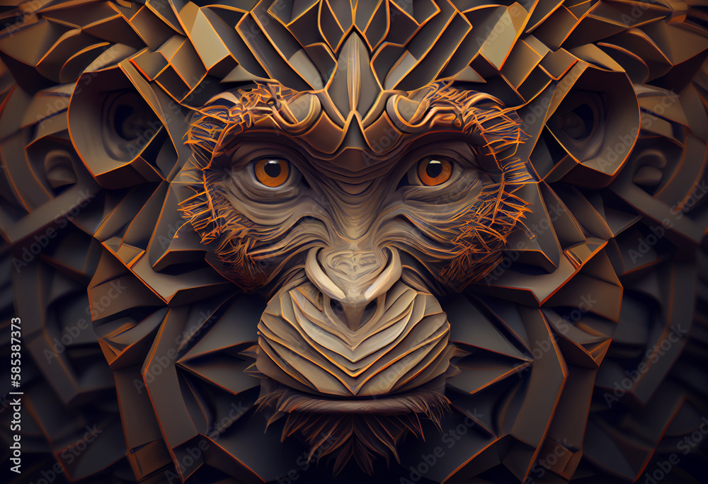 Leinwandbilder A complex, multi-layered pattern of interlocking shapes that resembles a Monkey face.  Generative AI technology.
