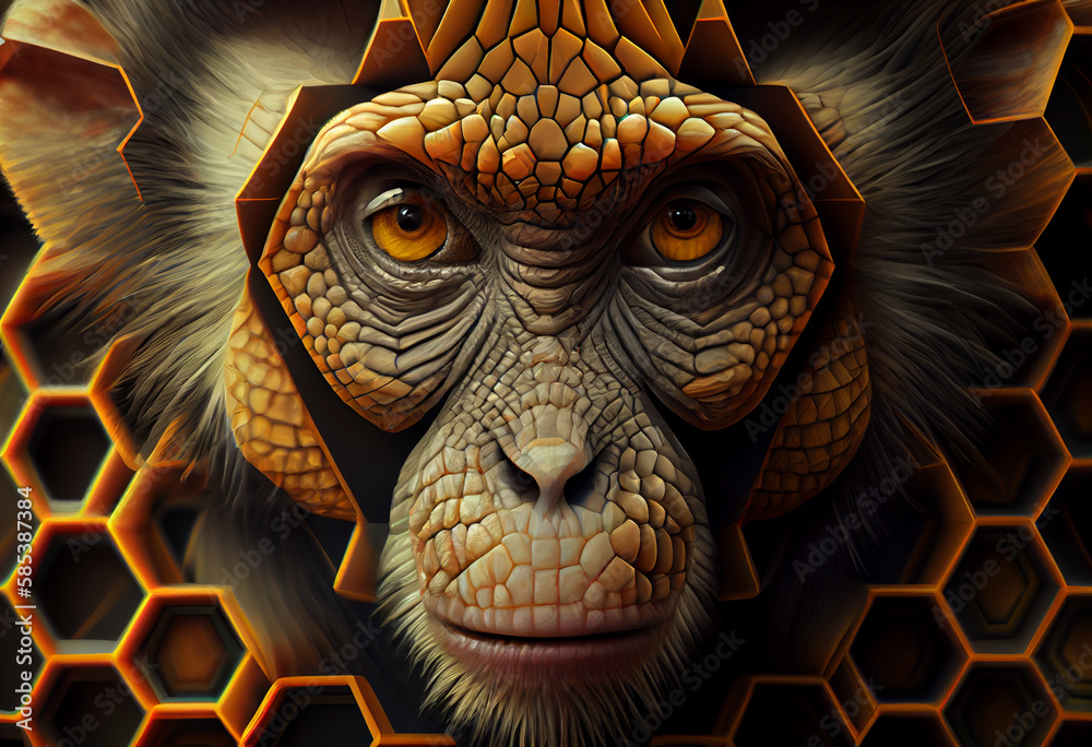 Leinwandbilder A complex, multi-layered pattern of interlocking shapes that resembles a Monkey face.  Generative AI technology.
