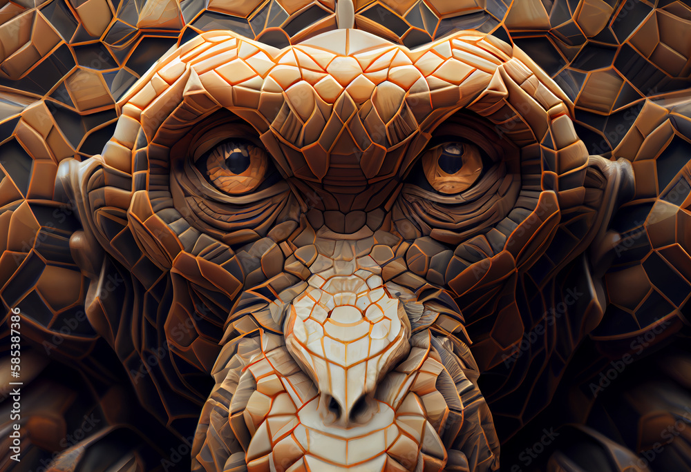 Poster A complex, multi-layered pattern of interlocking shapes that resembles a Monkey face.  Generative AI technology.
