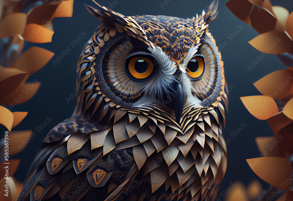 Poster A complex, multi-layered pattern of interlocking shapes that resembles a owl face.  Generative AI technology.
