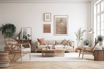 Fototapeta premium Classic living room decor. Pale room. Scandi Boho. Generative AI