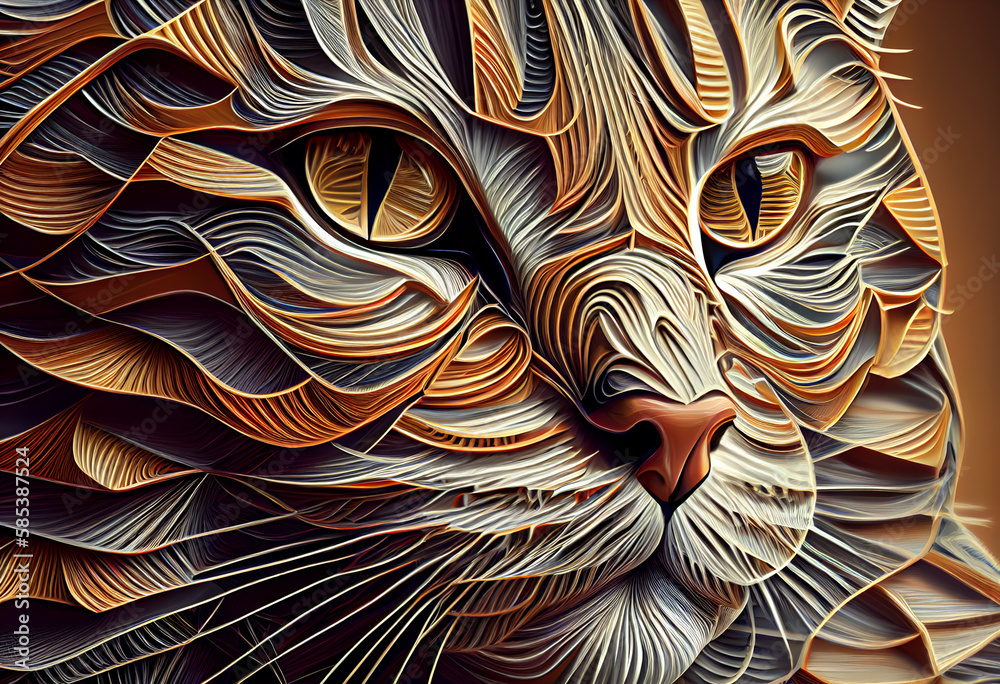 Leinwandbilder A complex, multi-layered pattern of interlocking shapes that resembles a cat's face.  Generative AI technology.
