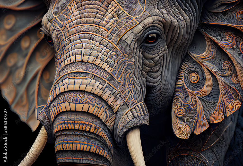Poster A complex, multi-layered pattern of interlocking shapes that resembles a Elephant's face.  Generative AI technology.
