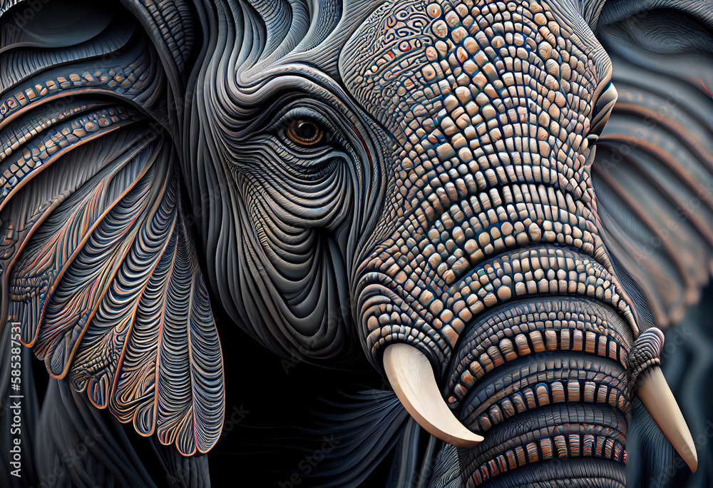 Poster A complex, multi-layered pattern of interlocking shapes that resembles a Elephant's face.  Generative AI technology.
