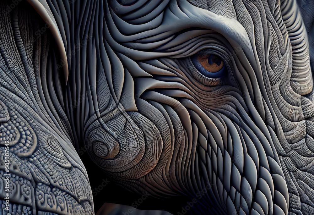 Poster A complex, multi-layered pattern of interlocking shapes that resembles a Elephant's face.  Generative AI technology.
