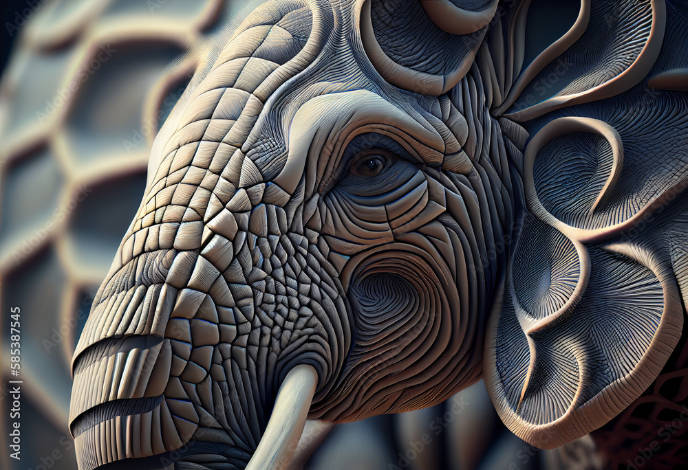 Aufkleber A complex, multi-layered pattern of interlocking shapes that resembles a Elephant's face.  Generative AI technology.
