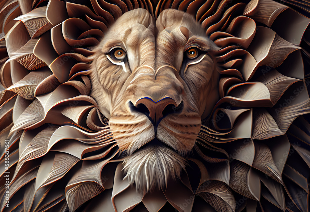 Aufkleber A complex, multi-layered pattern of interlocking shapes that resembles a Lion  face.  Generative AI technology.
