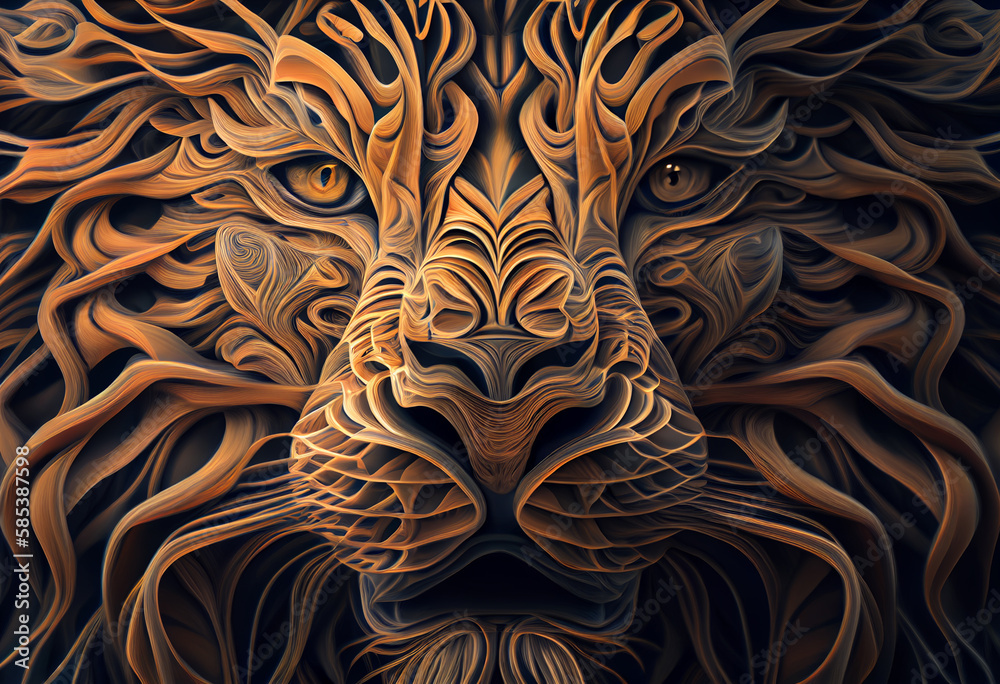 Aufkleber A complex, multi-layered pattern of interlocking shapes that resembles a Lion  face.  Generative AI technology.
