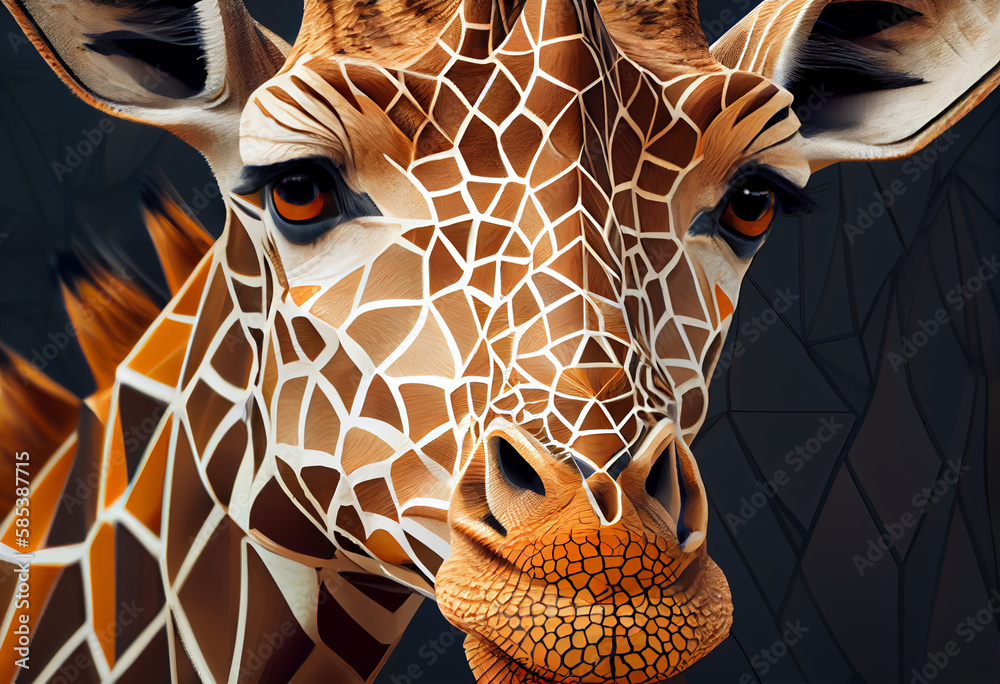 Poster A complex, multi-layered pattern of interlocking shapes that resembles a Giraffe's face.  Generative AI technology.
