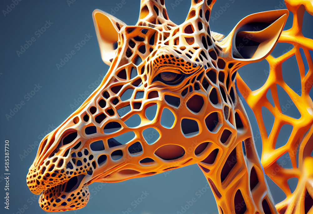 Poster A complex, multi-layered pattern of interlocking shapes that resembles a Giraffe's face.  Generative AI technology.
