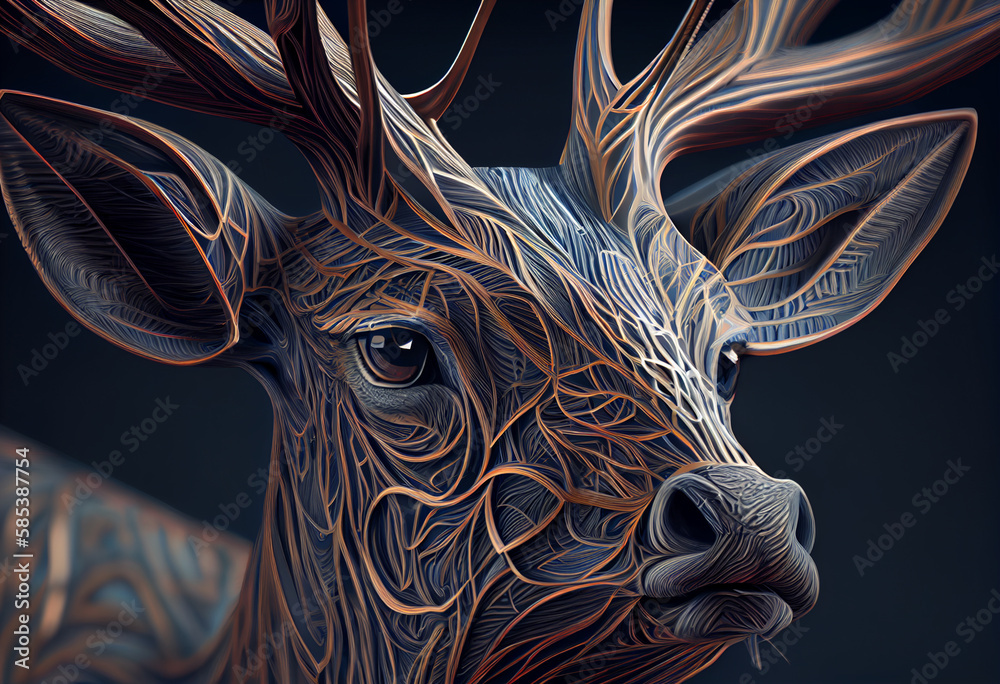 Leinwandbilder A complex, multi-layered pattern of interlocking shapes that resembles a Deer's face.  Generative AI technology.
