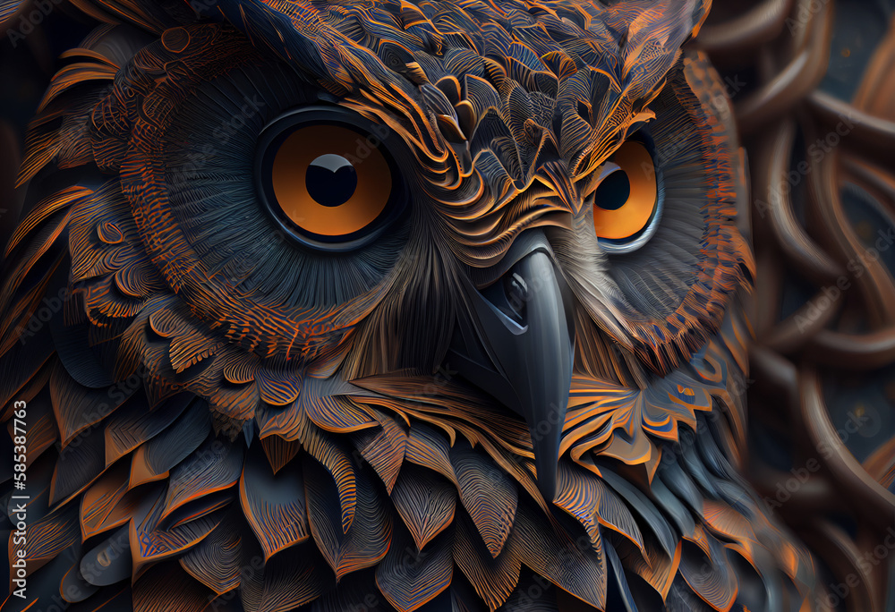 Poster A complex, multi-layered pattern of interlocking shapes that resembles a owl face.  Generative AI technology.
