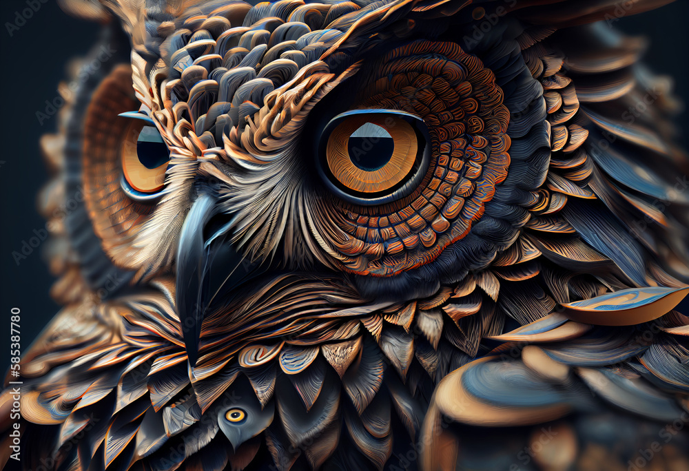 Poster A complex, multi-layered pattern of interlocking shapes that resembles a owl face.  Generative AI technology.
