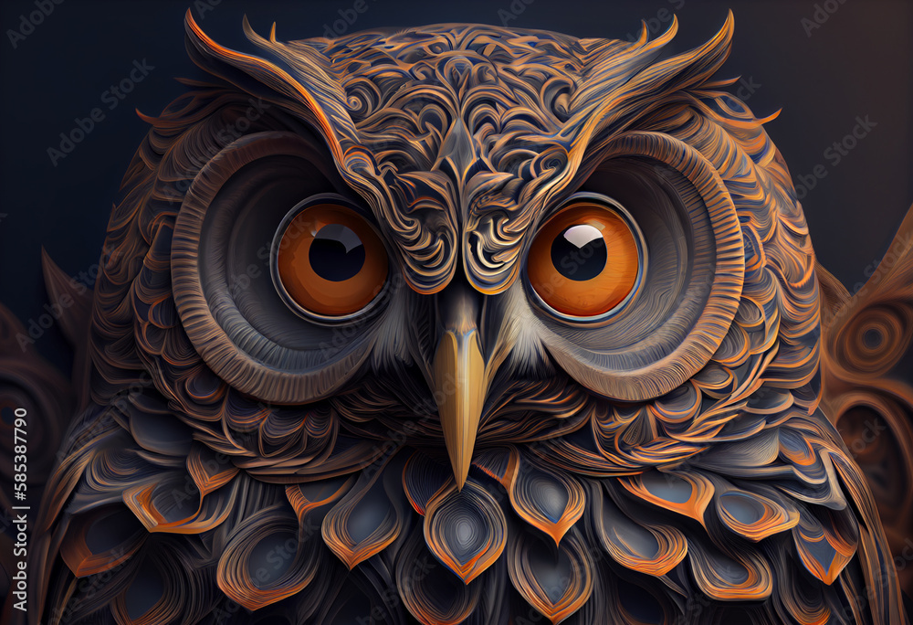Poster A complex, multi-layered pattern of interlocking shapes that resembles a owl face.  Generative AI technology.
