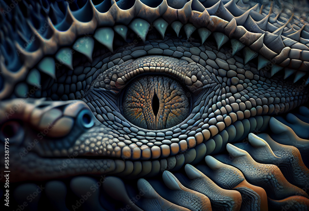 Poster A complex, multi-layered pattern of interlocking shapes that resembles a Snake face.  Generative AI technology.

