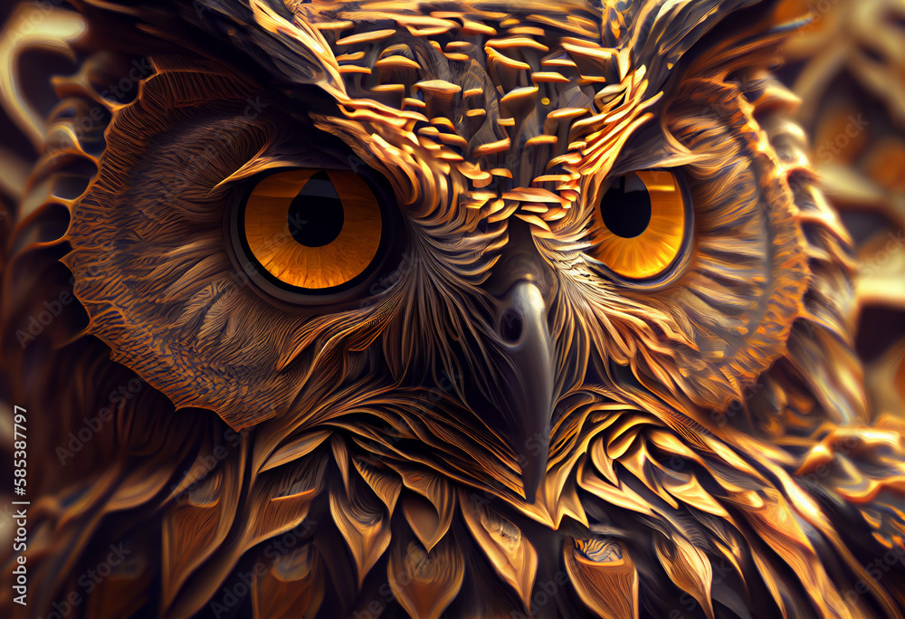 Poster A complex, multi-layered pattern of interlocking shapes that resembles a owl face.  Generative AI technology.
