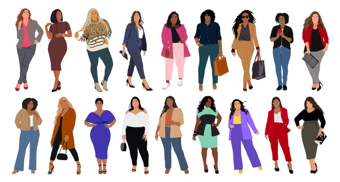Modern curvy women set. Plus size girls standing in fashion casual and office outfits. Stylish happy young characters portraits in trendy clothes. Flat vector realistic illustrations isolated on white