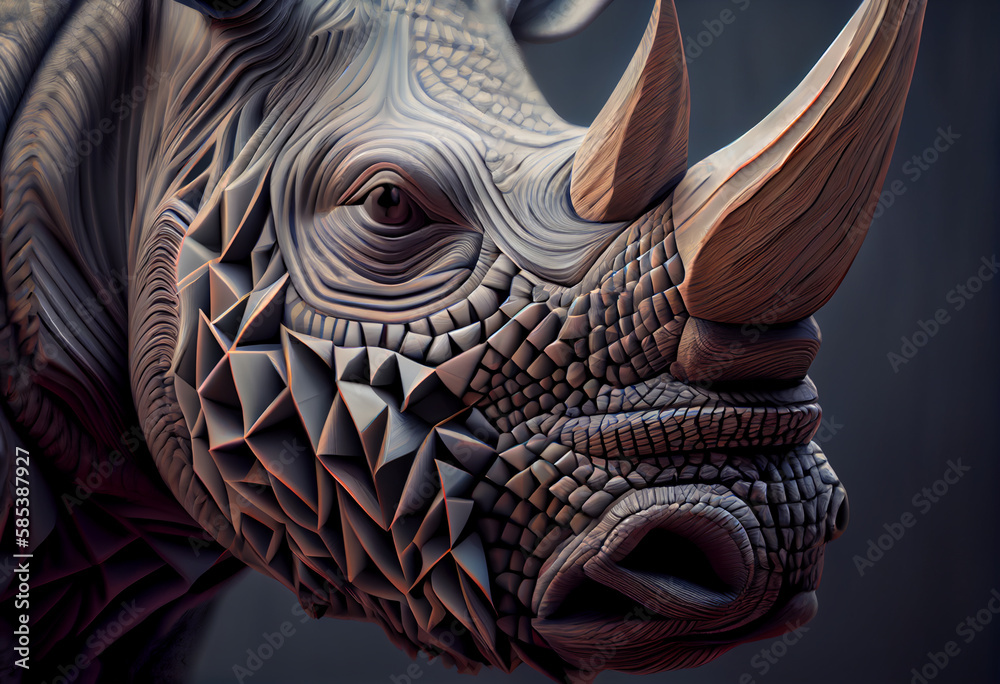 Poster A complex, multi-layered pattern of interlocking shapes that resembles a Rhinocerose's face.  Generative AI technology.

