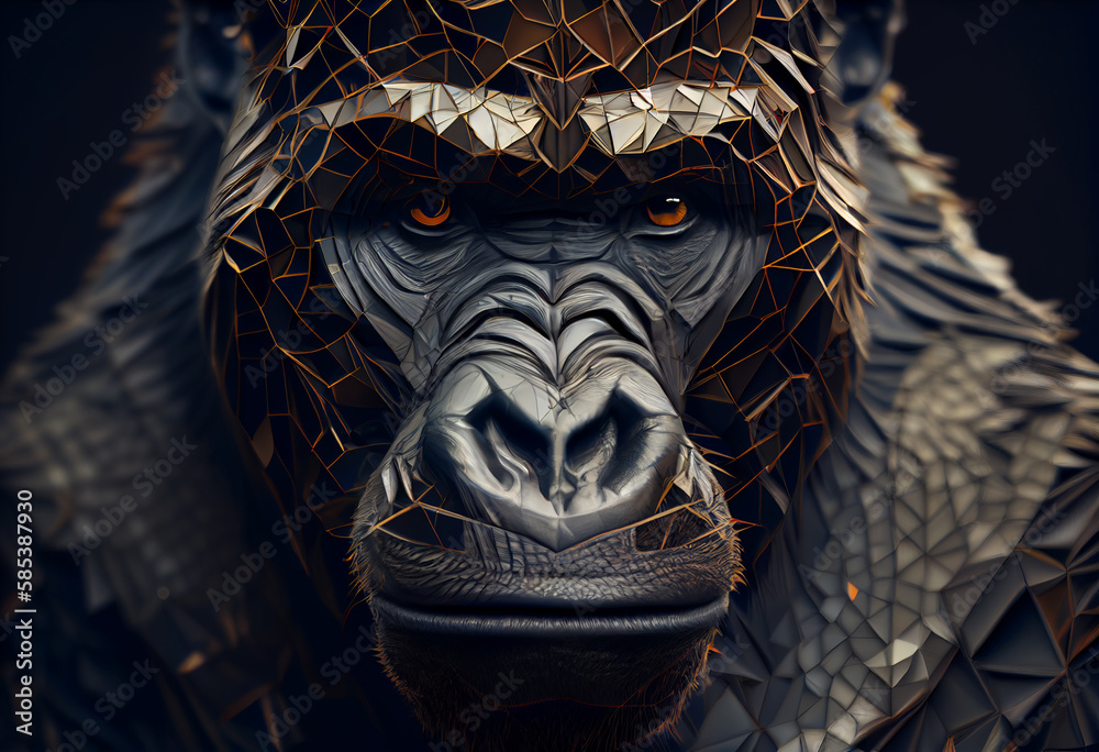 Poster A complex, multi-layered pattern of interlocking shapes that resembles a Gorilla's face.  Generative AI technology.

